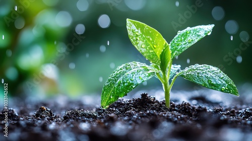 A small green plant sprout growing from rich soil with raindrops falling on its leaves 