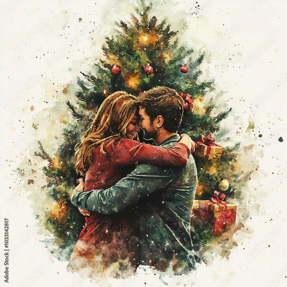 Couple embracing in front of a decorated Christmas tree.
