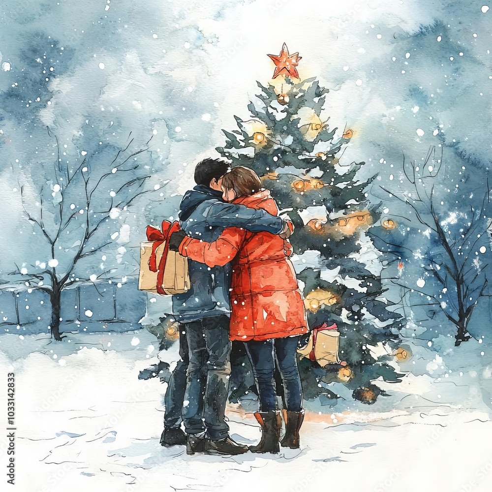 Couple embraces near Christmas tree in winter snowfall.