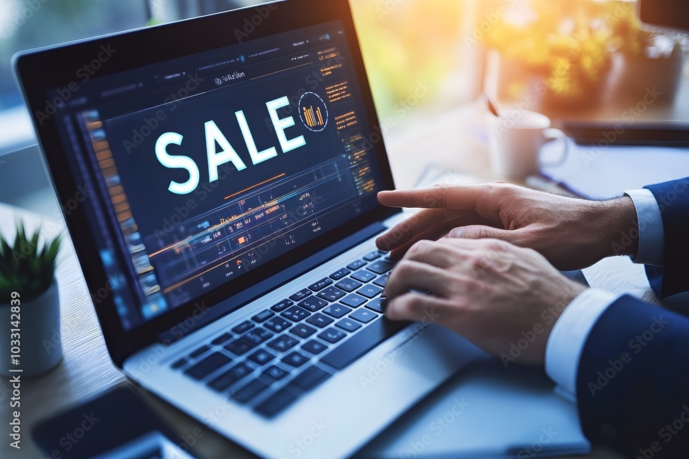 Online Sale Promotion on a Laptop Screen,A person working on a laptop with a screen displaying a bold Online Sale Promotion on a Laptop Screen,A person working on a laptop with a screen displaying a bold