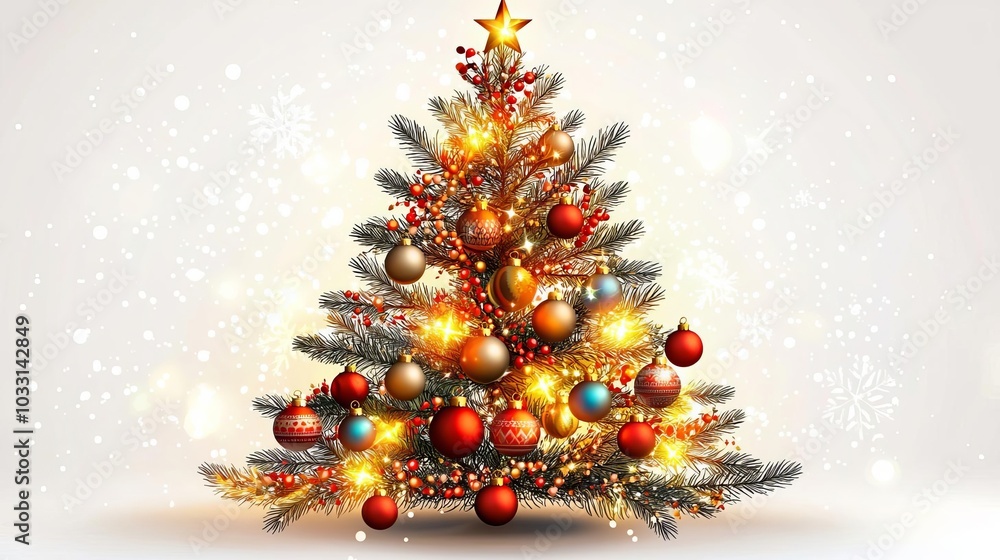 Decorative Christmas tree with ornaments and lights, white background