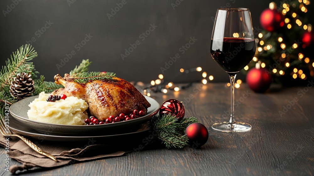 Delicious holiday dinner with roasted chicken and red wine.