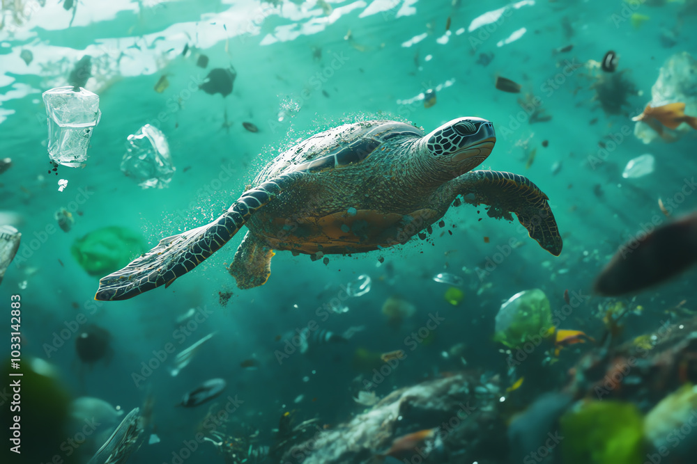 A plastic pollution crisis in the ocean, with floating debris and marine animals trapped in discarded plastic A plastic pollution crisis in the ocean, with floating debris and marine animals trapped in discarded plastic