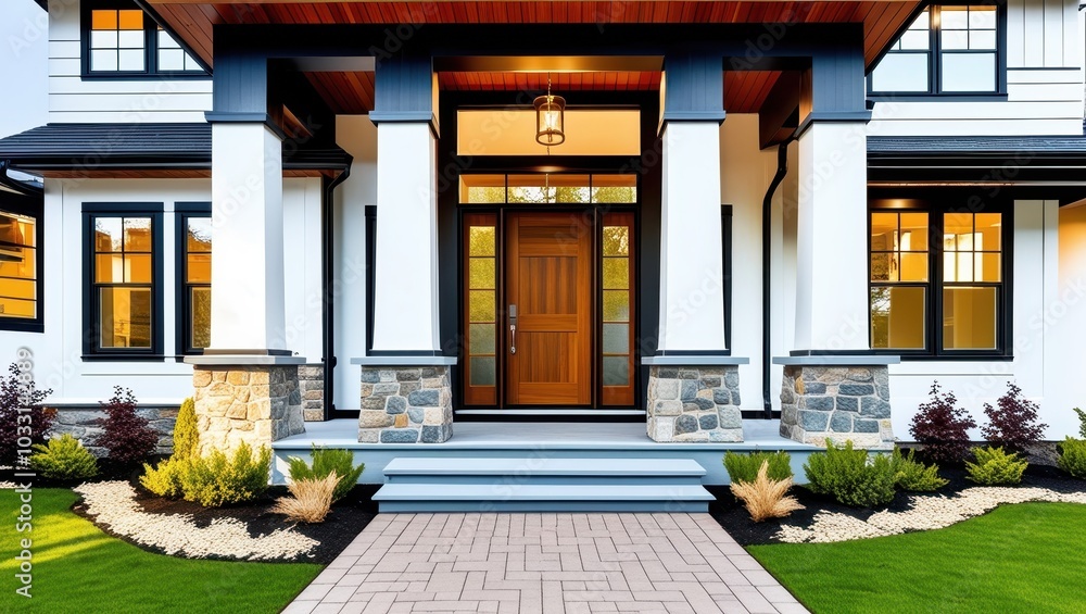 Modern suburban home exterior, craftsman-style architecture, wooden front door, stone columns, white siding, black framed windows, covered porch, landscaped front yard, paver driveway, warm lighting, Modern suburban home exterior, craftsman-style architecture, wooden front door, stone columns, white siding, black framed windows, covered porch, landscaped front yard, paver driveway, warm lighting,