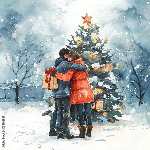 Obraz na płótnie Couple embraces near Christmas tree in winter snowfall. w salonie