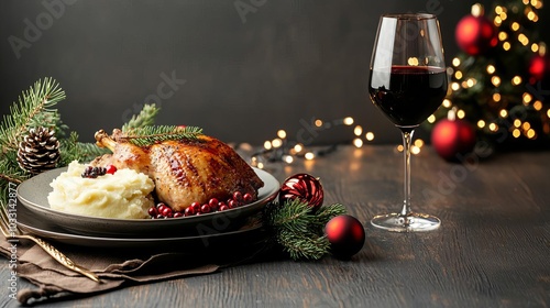 Obraz na płótnie Delicious holiday dinner with roasted chicken and red wine. w salonie