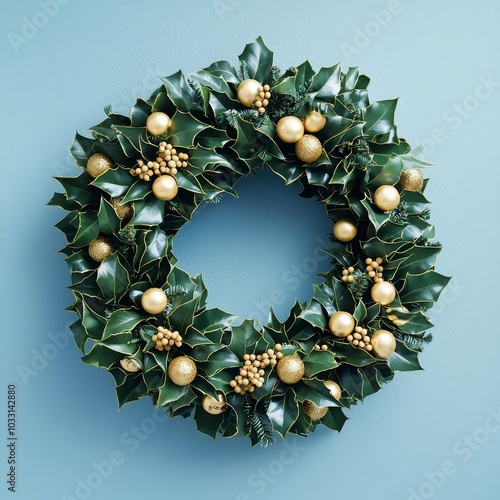 Elegant Christmas wreath with golden ornaments, teal background.