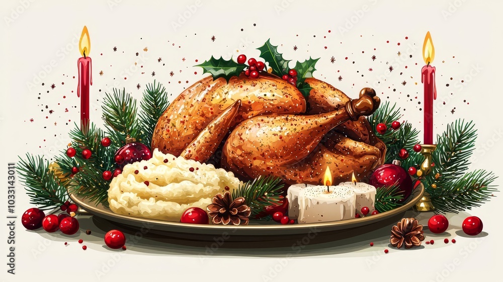 Festive holiday meal with turkey, mashed potatoes and candles.
