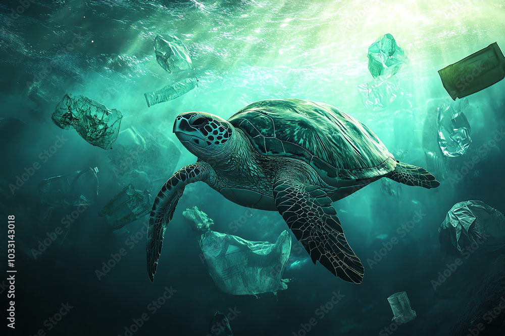 Fototapeta premium A plastic pollution crisis in the ocean, with floating debris and marine animals trapped in discarded plastic