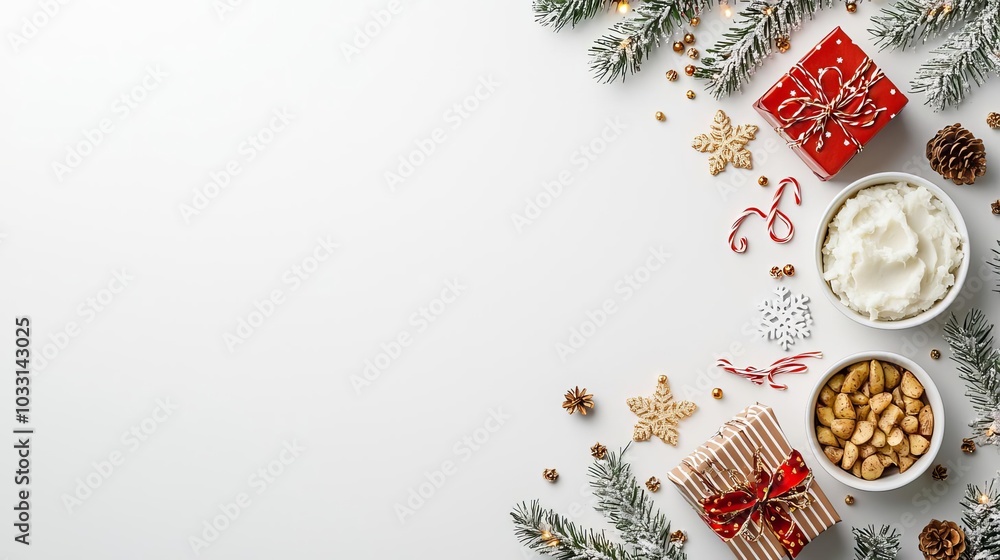 Festive holiday treats and decor on white isolate background.