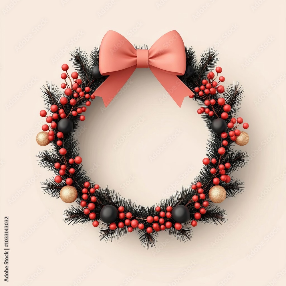 Festive wreath with red and black decorations, white isolate background
