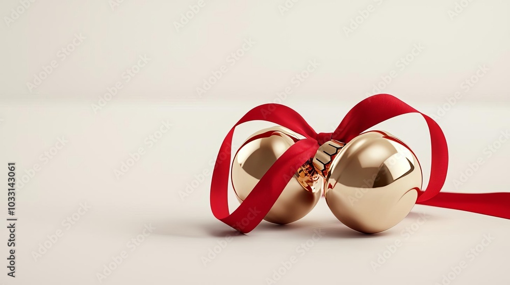 Gold Christmas ornaments with a red ribbon on white background