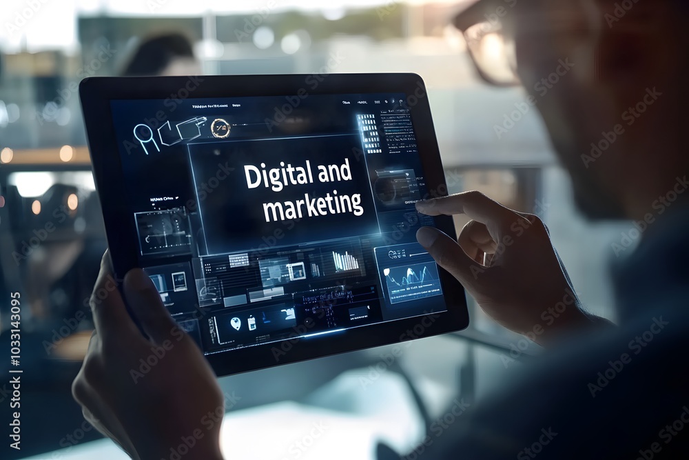 Interactive Digital Marketing Dashboard on Tablet,A person interacts with a tablet displaying a digital marketing dashboard, featuring various charts, data analytics, and social media metrics Interactive Digital Marketing Dashboard on Tablet,A person interacts with a tablet displaying a digital marketing dashboard, featuring various charts, data analytics, and social media metrics