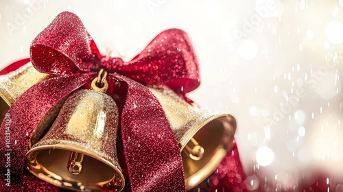 Festive Christmas bells with a red bow, sparkling background.