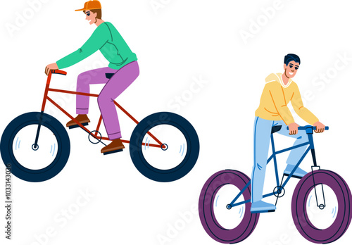 funny fat biking man vector. guy sport, fun crazy, outdoors downhill funny fat biking man character. people flat cartoon illustration
