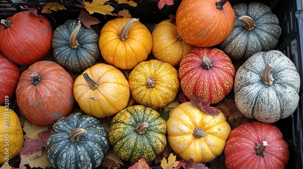A vibrant display of pumpkins and autumn leaves A vibrant display of pumpkins and autumn leaves