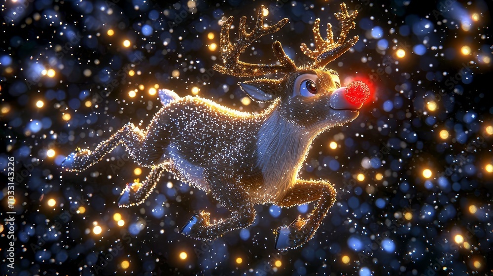 Reindeer with glowing nose, flying through a snowy night.