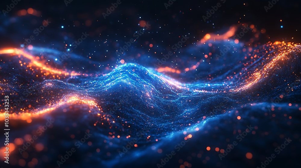 Obraz premium A vibrant blend of blue and orange swirling particles, creating a dynamic, abstract wave-like effect infused with energy and movement.