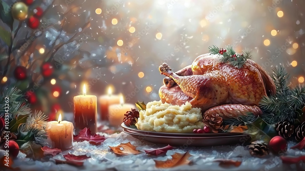 Roast turkey with sides on a festive table setting, warm ambiance