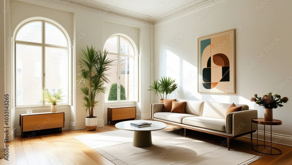 Fototapeta premium Elegant minimalist living room, mid-century modern sofa, abstract geometric artwork, large arched windows, natural light, hardwood floors, potted palm plant, round coffee table, bright white walls, hi