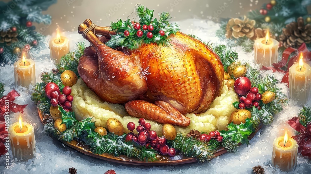Roasted turkey surrounded by festive decorations and candles