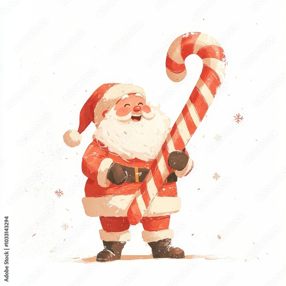 Santa Claus holding a large candy cane, festive atmosphere.