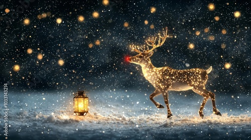 Obraz na płótnie Reindeer with lights in snowy night, magical winter scene. w salonie
