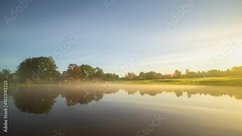 Time-lapse of changing four seasons in a year with view over dam on remote farm photo