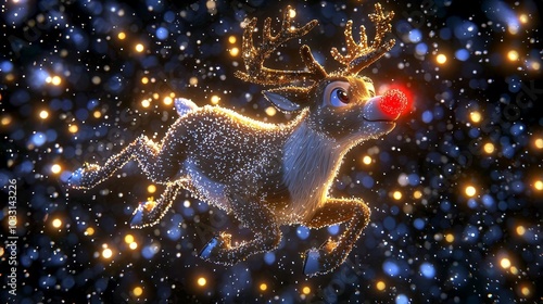 Obraz na płótnie Reindeer with glowing nose, flying through a snowy night. w salonie