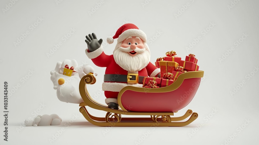 Santa Claus with gifts in a sleigh, white isolate background