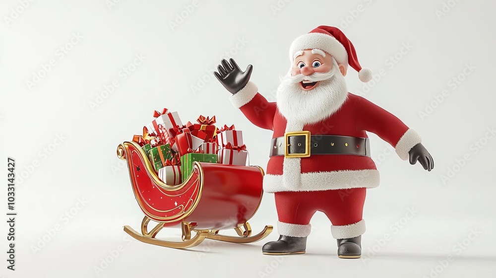 Santa Claus with sleigh and gifts, white isolated background