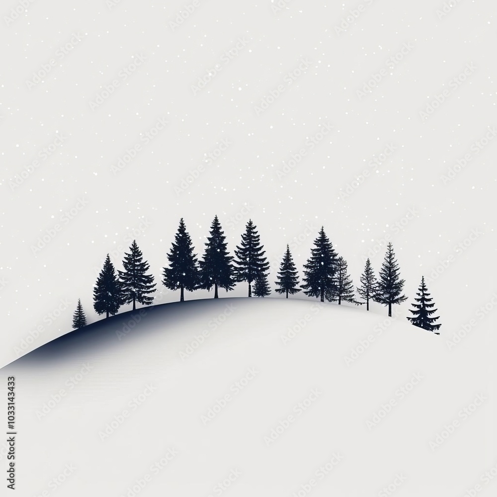 Silhouette of pine trees on a snowy hill, white isolated background.