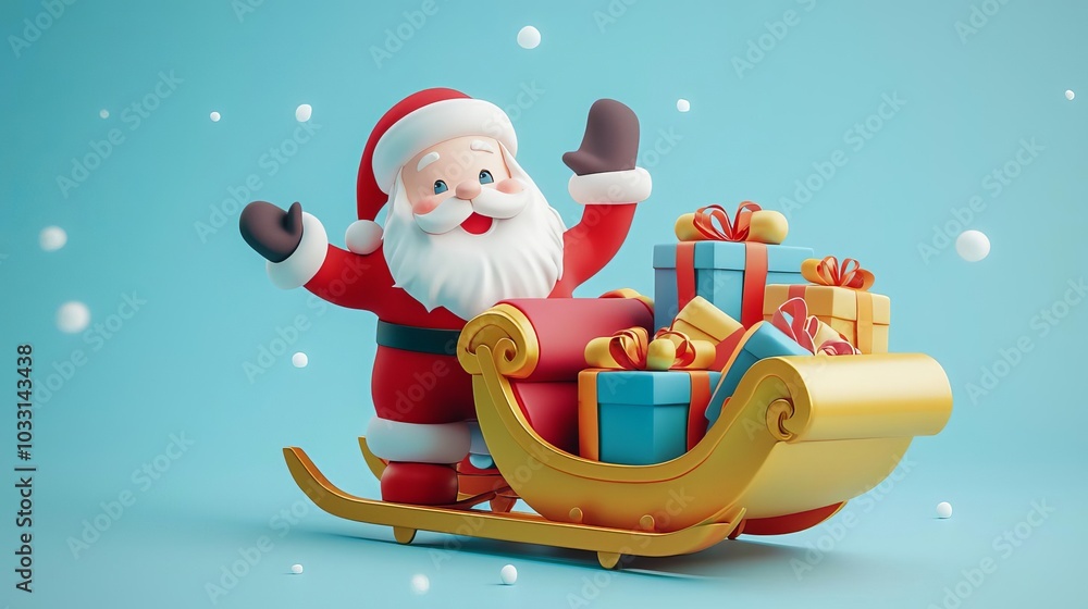 Santa Claus with sleigh and gifts on a blue background.