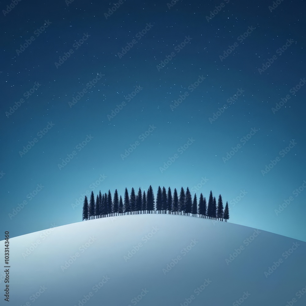 Serene snowy hill with silhouette of trees, night sky background