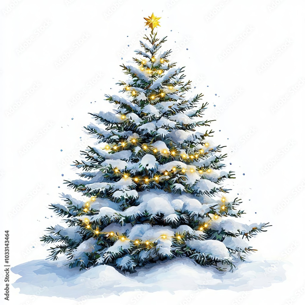 Snow-covered Christmas tree with golden lights and star.