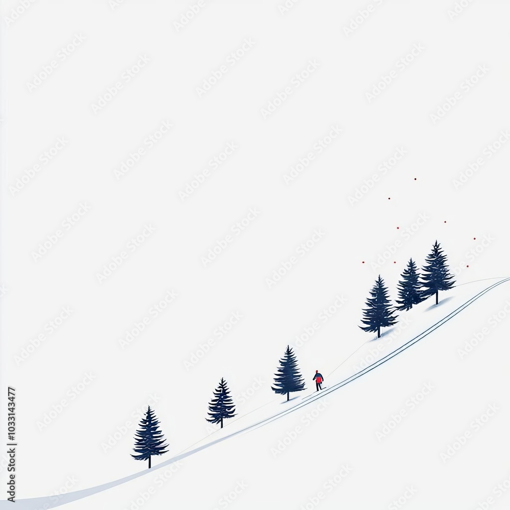 Skier on snowy hill with evergreen trees, peaceful winter scene.