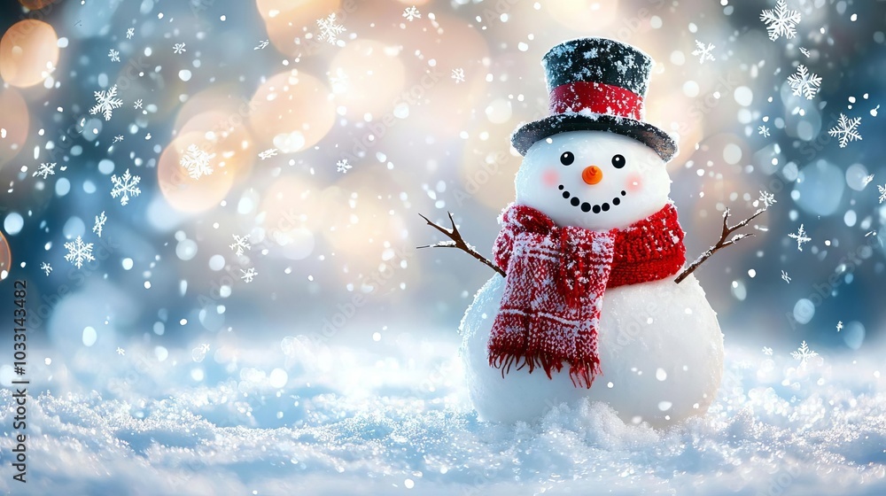 Smiling snowman in a winter wonderland with falling snow.