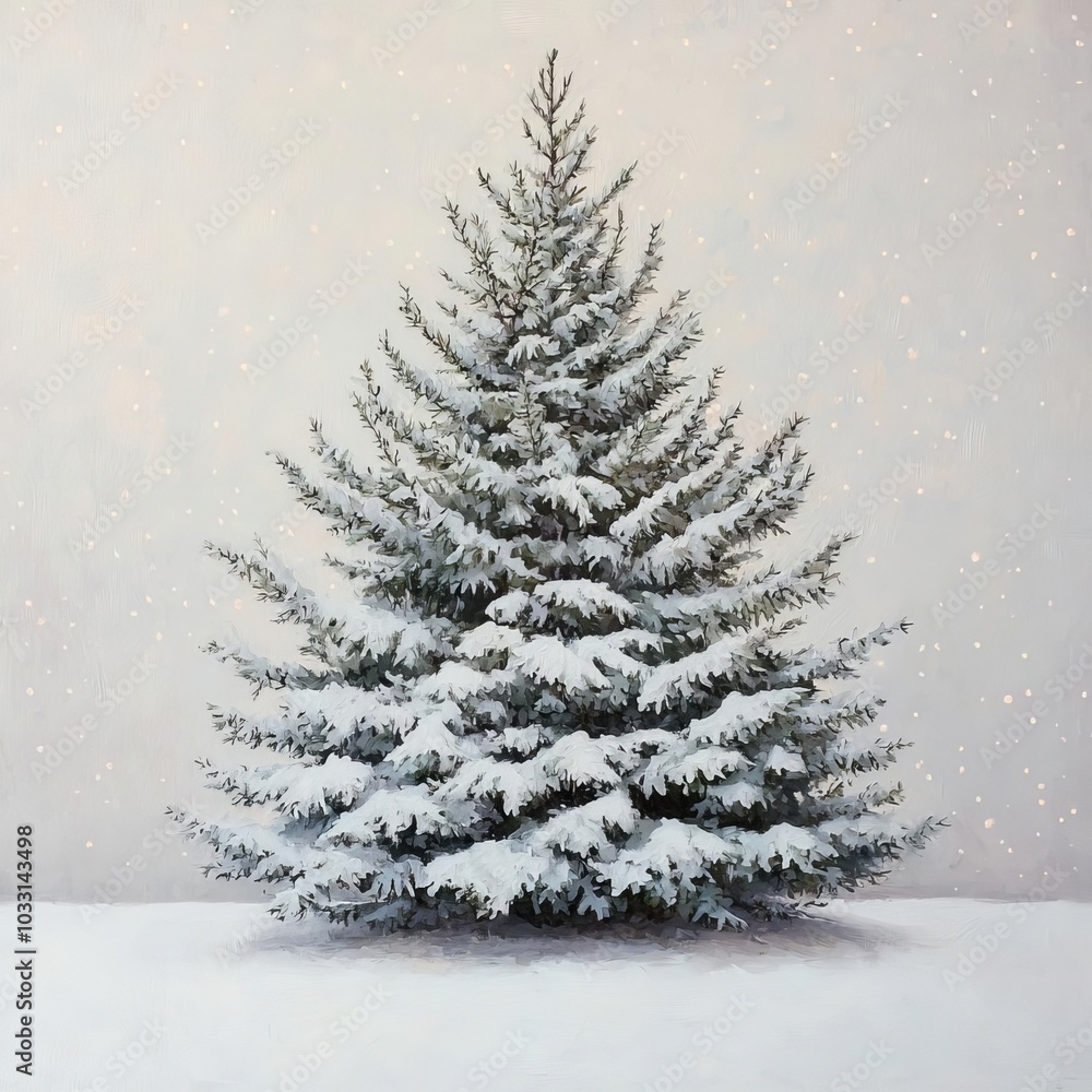 Snow-covered evergreen tree against a textured background
