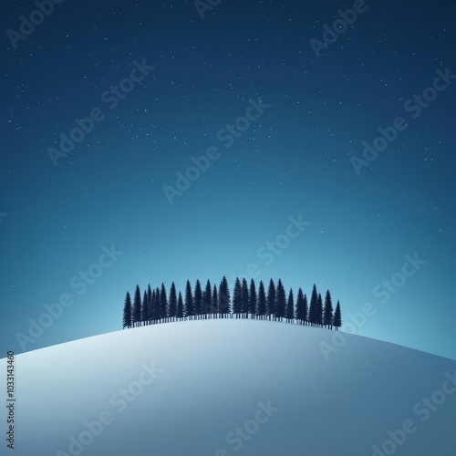 Obraz na płótnie Serene snowy hill with silhouette of trees, night sky background w salonie