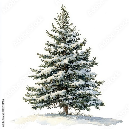 Snow-covered evergreen tree on white isolated background