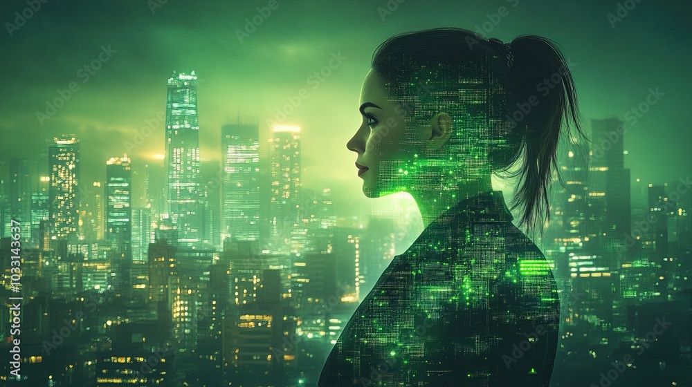 Smart City. 3D rendered digital artwork featuring an businesswoman green city Smart City. 3D rendered digital artwork featuring an businesswoman green city