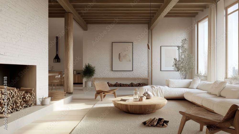 Cozy minimalist living room, white brick fireplace, neutral color palette, large windows, natural light, wooden accents, potted plant, round coffee table, textured rug, modern furniture, Scandinavian Cozy minimalist living room, white brick fireplace, neutral color palette, large windows, natural light, wooden accents, potted plant, round coffee table, textured rug, modern furniture, Scandinavian