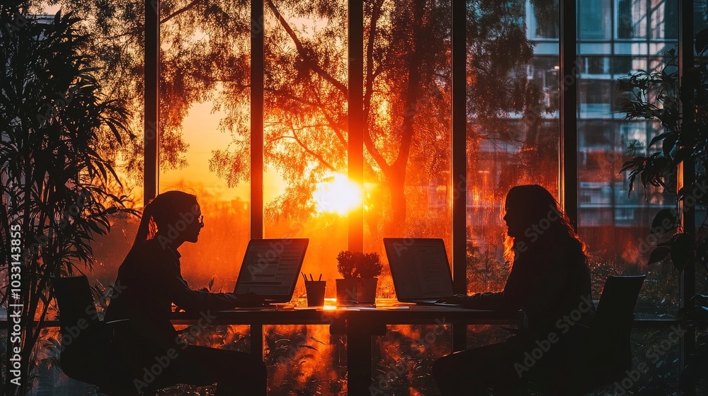 Silhouette of business people work together in office 