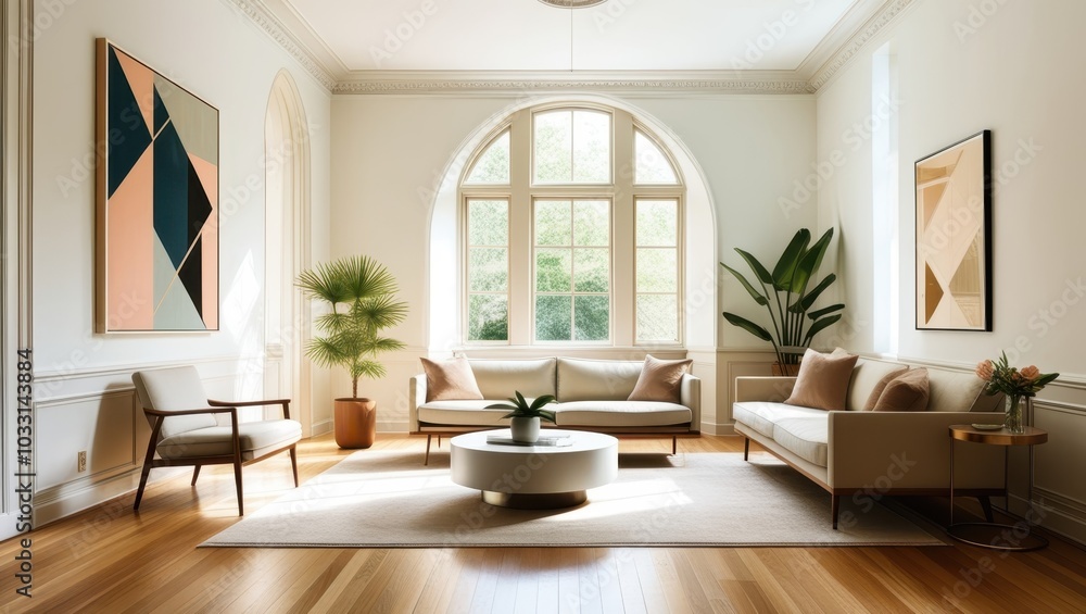 Elegant minimalist living room, mid-century modern sofa, abstract geometric artwork, large arched windows, natural light, hardwood floors, potted palm plant, round coffee table, bright white walls, hi Elegant minimalist living room, mid-century modern sofa, abstract geometric artwork, large arched windows, natural light, hardwood floors, potted palm plant, round coffee table, bright white walls, hi