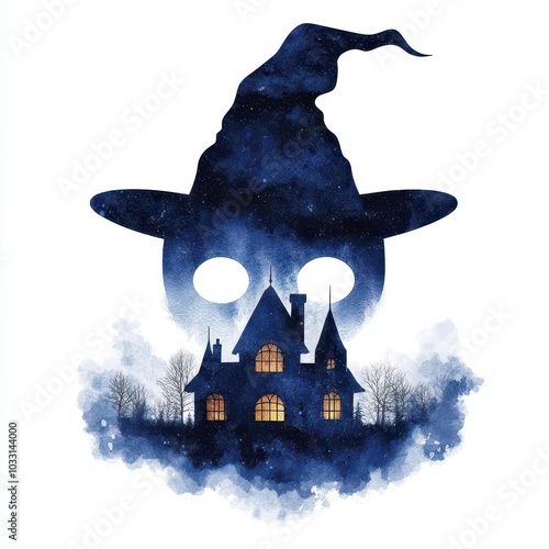 Haunted house with witch hat and ghostly background photo