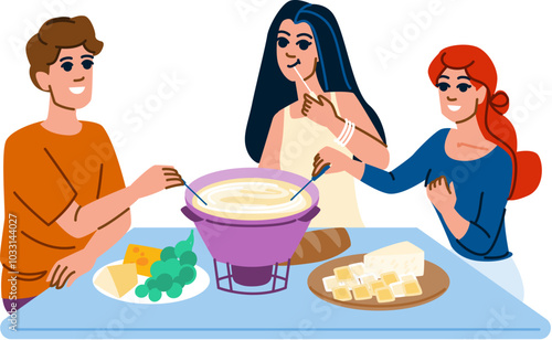 food fondue party vector. winter raclette, recipe pot, dinner dish food fondue party character. people flat cartoon illustration