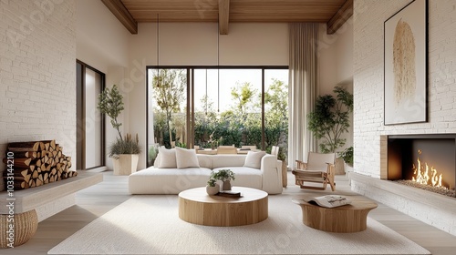 Cozy minimalist living room, white brick fireplace, neutral color palette, large windows, natural light, wooden accents, potted plant, round coffee table, textured rug, modern furniture, Scandinavian 