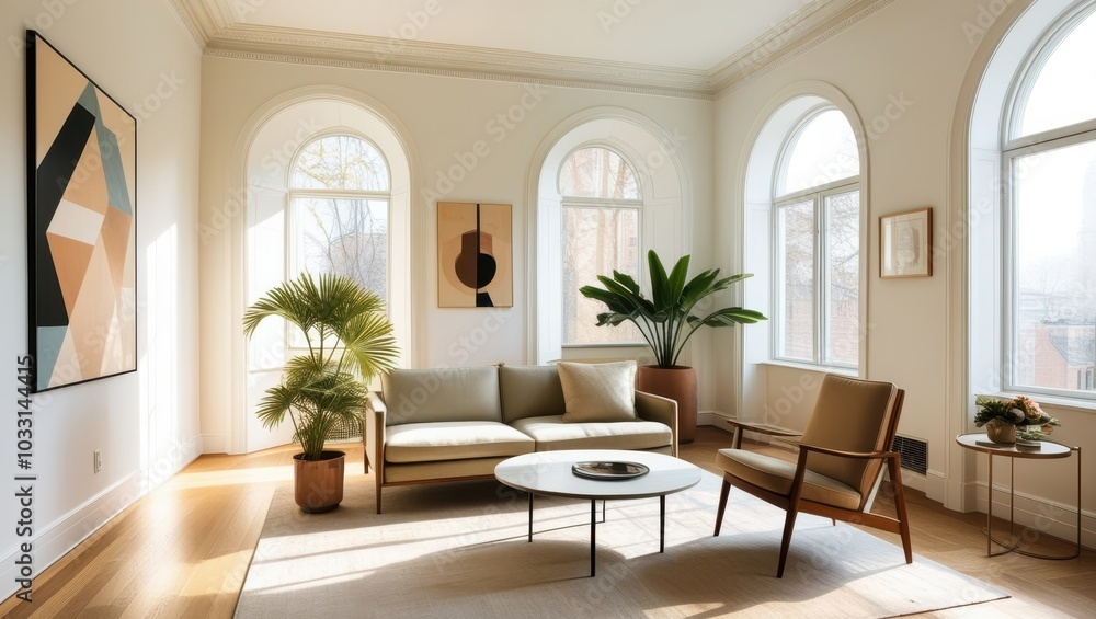 Elegant minimalist living room, mid-century modern sofa, abstract geometric artwork, large arched windows, natural light, hardwood floors, potted palm plant, round coffee table, bright white walls, hi Elegant minimalist living room, mid-century modern sofa, abstract geometric artwork, large arched windows, natural light, hardwood floors, potted palm plant, round coffee table, bright white walls, hi