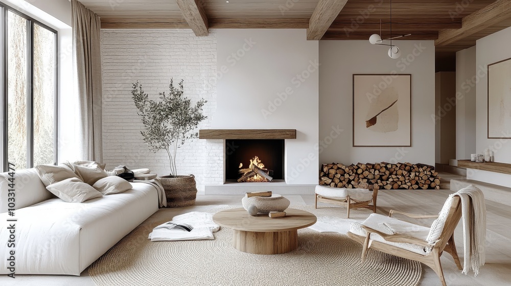 Fototapeta premium Cozy minimalist living room, white brick fireplace, neutral color palette, large windows, natural light, wooden accents, potted plant, round coffee table, textured rug, modern furniture, Scandinavian 