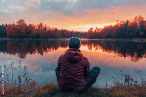 A person sitting at the edge of a calm lake at sunset, gazing at their own reflection in the still water